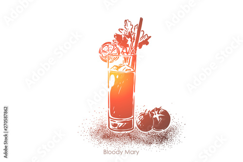 Bloody Mary, vodka with tomato juice, tasty beverage with straw, fresh tropical drink recipe book