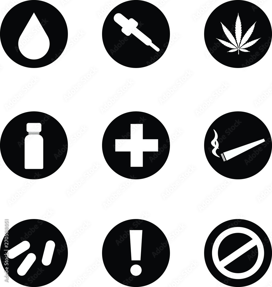 CBD oil flat icon set - include oil drop, joint, warning labels, marijuana leaf, an eye dropper and more CBD oil flat icon set - include oil drop, joint, warning labels, marijuana leaf, an eye dropper and more