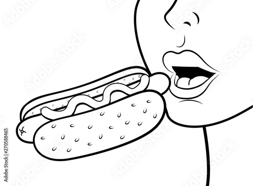 face profile eating hot dog black and white