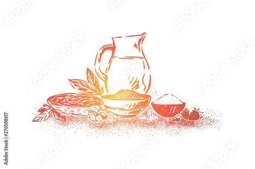 Delicious cacao making, cocoa beans, bowl with sugar, crushed walnuts, strawberry and milk jar, tasty dessert