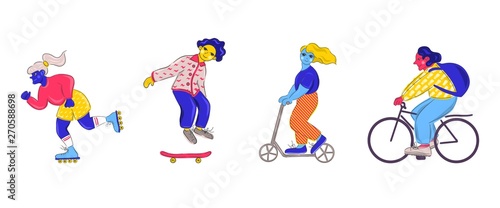 People, men and women, riding a bike, skateboard, scooter, rollers. Personal collection of environmentally friendly alternative vehicles. 