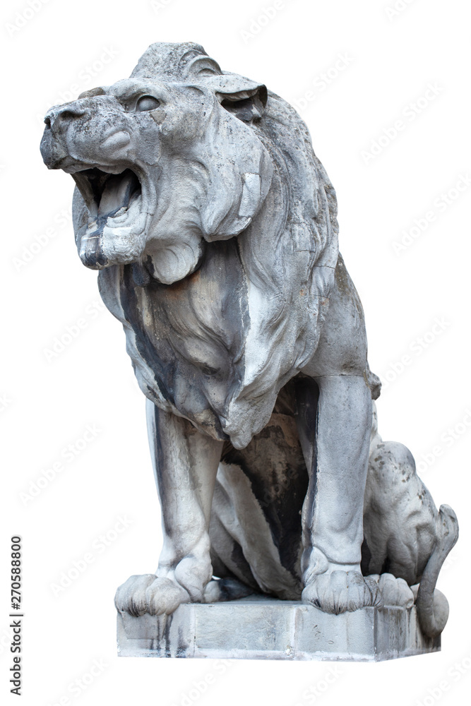 Hungary. Budapest. A large stone lion, growls open its mouth
