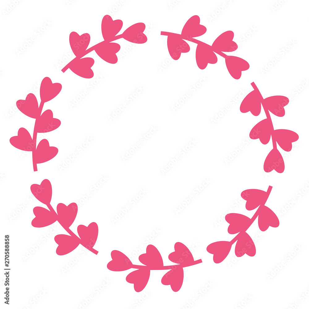 Pink vector floral frame silhouette. Hand drawn heart leaf white illustration. Heart leaves. Abstract border card. Isolated background. 