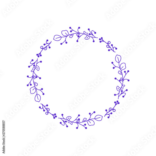 Floral Violet Round Frame. Wedding wreath with flower, leaf. Botanical vector illustration isolated on white background for poster, t shirt print, postcard, video blog cover, social media card.