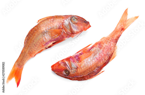 large smoked mullet isolated on white background. beer snack