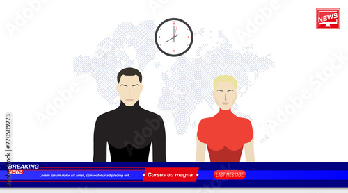 Anchorman's man and a woman in Breaking News In the television studio with world map. Flat vector illustration EPS10