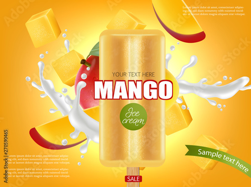 Mango ice cream splash Vector realistic. Fresh delicious iace cream dessert o...