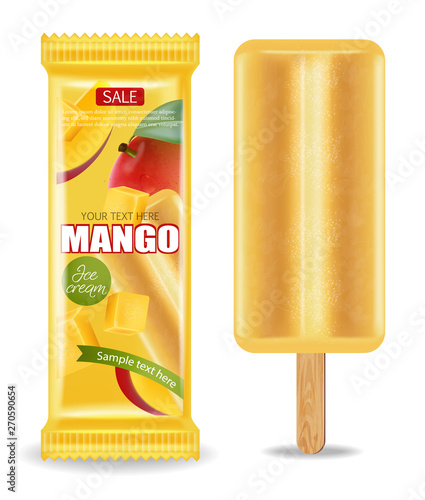 Mango ice cream Vector realistic. Fresh delicious iace cream dessert on a sti...