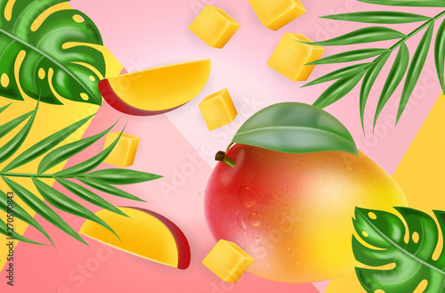 Mango fruit Vector realistic. Fresh delicious dessert slices. Abstract tropic...