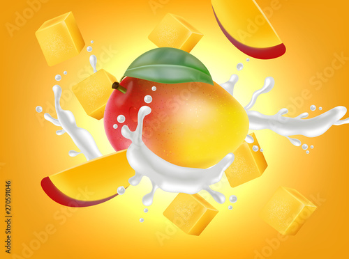Mango fruit with milk splash Vector realistic. Detailed elements design. 3d i...