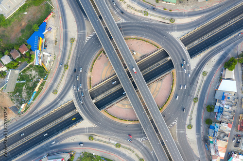 Aerial view of highway junctions Top view of Urban city, Bangkok, Thailand. © ake1150