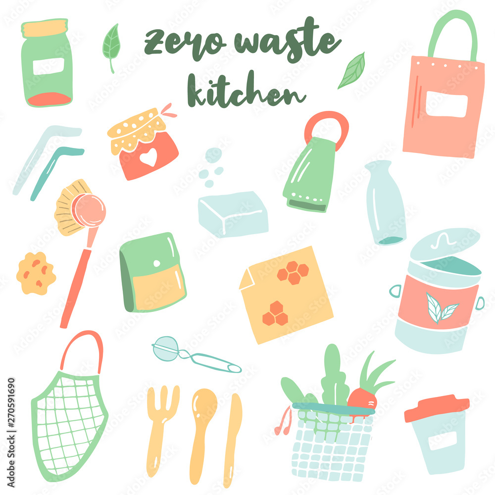Set of kitchen utensils. Zero waste living concept