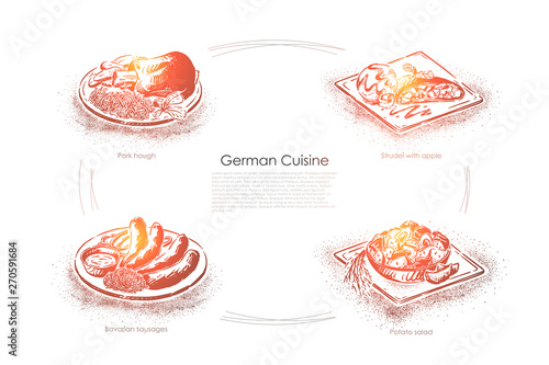 Dinner in Germany, pork hough, strudel with apple, bavarian sausages, potato salad, european cooking banner