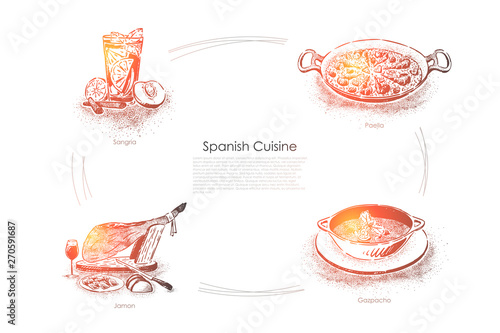 Traditional dinner in Spain, sangria, paella, jamon and gazpacho, national food and drinks banner