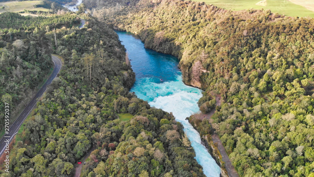 Aerial overhead view of beautiful Huka Falls, New Zealand