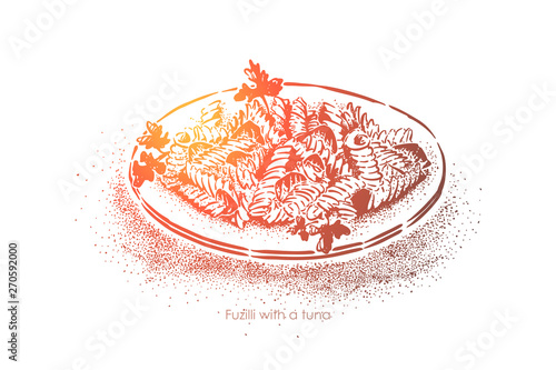 Fusilli pasta salad with tuna and parsley, national italian noodles with seafood, mediterranean traditional cuisine