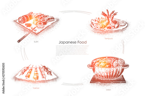Delicious dinner in Japan, sushi, tempura, yakitori and udon bowl, seafood, japanese national food banner