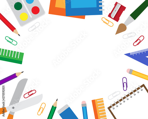 Vector illustration of frame with stationery items on the white background.