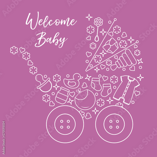 Newborn baby vector illustration. Baby stroller