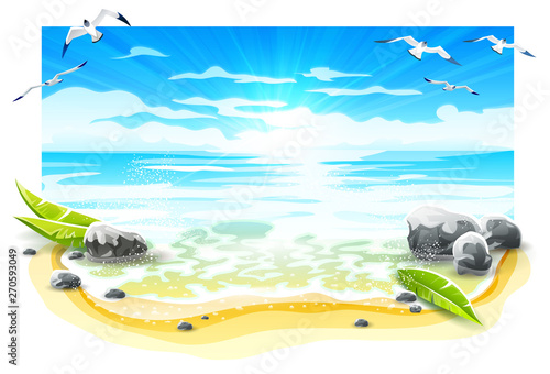 Evening sunset at sandy beach of paradise island with sea breakers and seagulls birds in blue sky. Waves and foam of marine water on coast, Isolated on white background. Eps10 vector illustration.