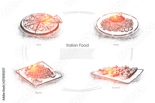 European cuisine, tasty dishes, sliced pizza, pasta, risotto and bruschetta, traditional italian food banner