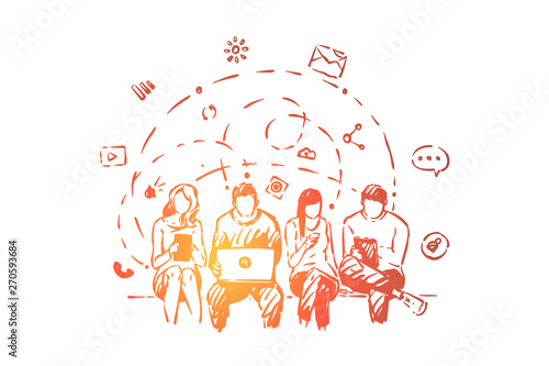 Teenagers sharing comments and messages online, men and women communicating through portable devices