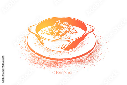 Tom kha kai, traditional thai cuisine, hot sour spicy soup with coconut milk, mushrooms and shrimp, exotic meal