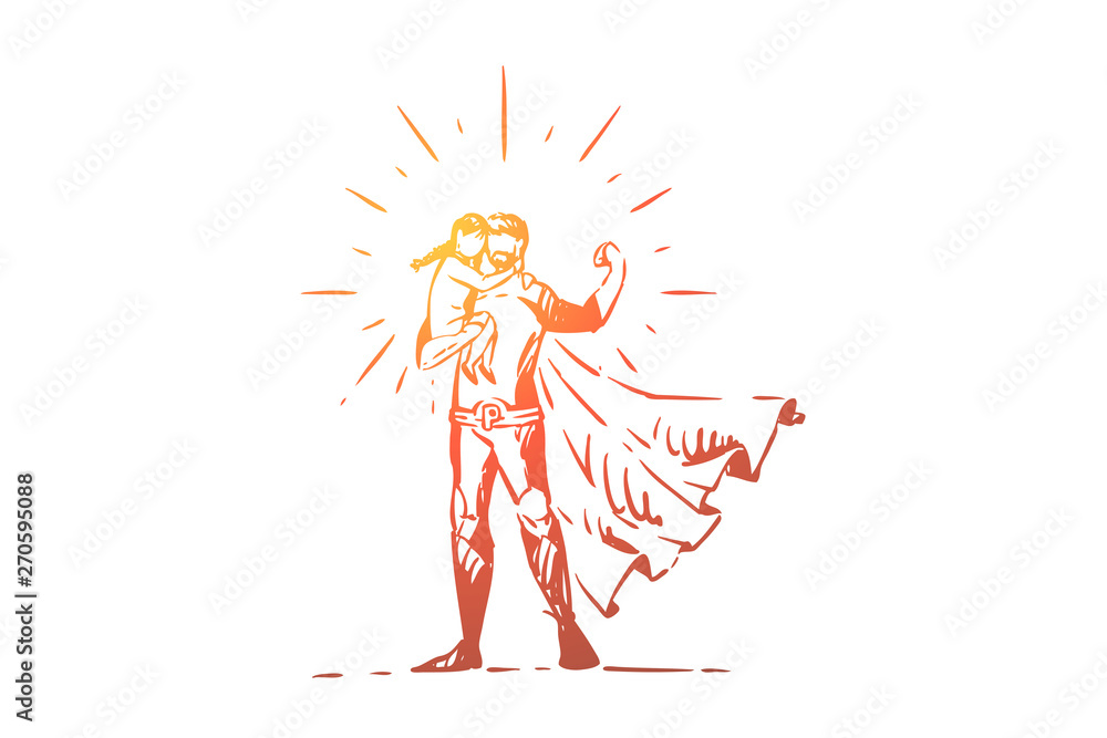 Strong super dad holding daughter, best father with little child, superhero in costume, hero in cape, cloak Strong super dad holding daughter, best father with little child, superhero in costume, hero in cape, cloak