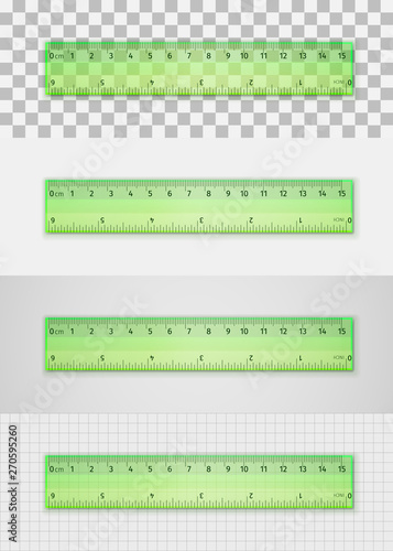 Realistic green plastic transparent ruler 15 centimeters