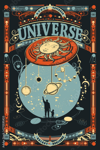 Human and Universe. Father and son. Meaning of life of mankind, bright future. Sci-fi ornamental print, t-shirt design