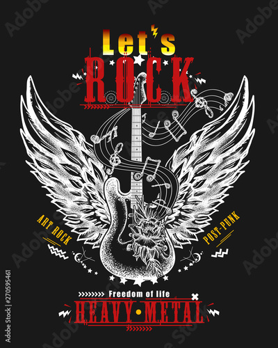 Guitar and wings. Let's Rock slogan. Musical vector art, t-shirt design