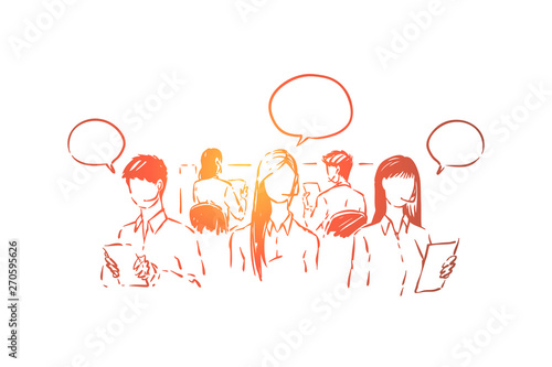 Young workers in headphones, assistants with empty speech bubbles, telemarketing operators, marketing business