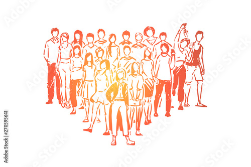 College students, high school pupils, boys and girls posing for group photo, teenagers standing together
