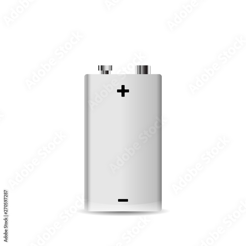 Realistic metal 9V brick alkaline battery on white