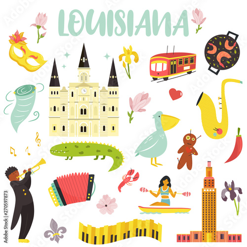 Set of cartoon icons, elements of Louisiana state