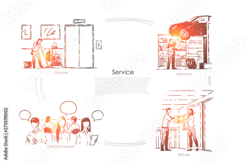 Office cleaning, car maintenance, mechanic, customer support, call center, courier delivery, professions banner