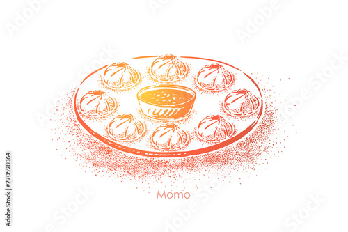 Momo dish, tasty dough dumplings with meat filling and sauce, traditional indian, chinese, nepali food