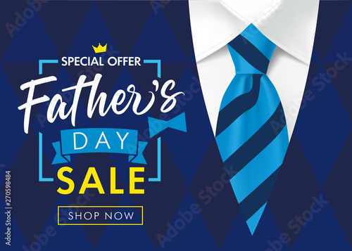 Sale promotion for Father's Day poster or banner. Special offer shopping and promotion template for Fathers Day with striped blue tie and men's sweater. Vector illustration 