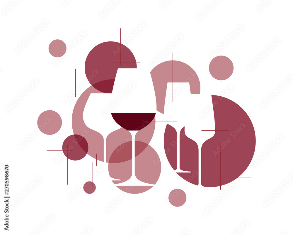 Wine symbol. Illustration with wineglasses. Design element for tasting, menu, wine list, restaurant, winery, shop. Label, sign, icon with  red grape wine.