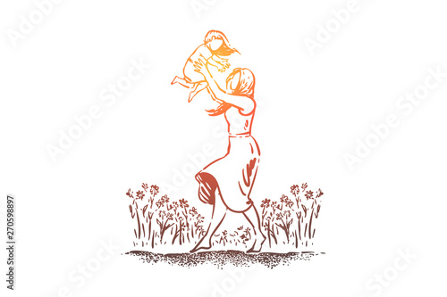 Young woman holding little child, single mom and kid spend time together, feminine happiness, happy parenting