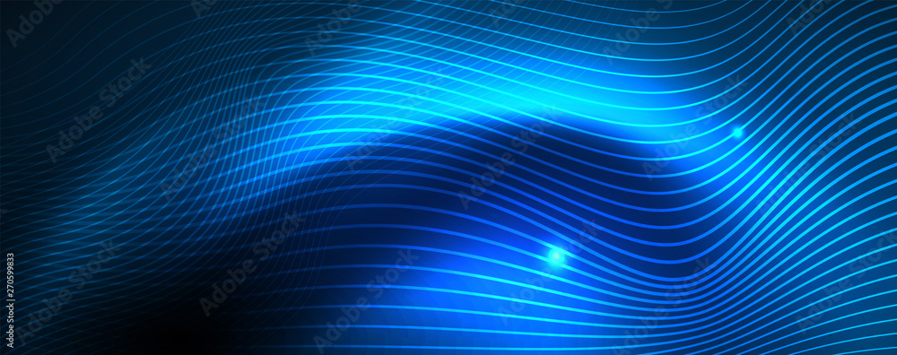 Smooth wave lines on blue neon color light background. Glowing abstract wave on dark, shiny motion, magic space light Smooth wave lines on blue neon color light background. Glowing abstract wave on dark, shiny motion, magic space light