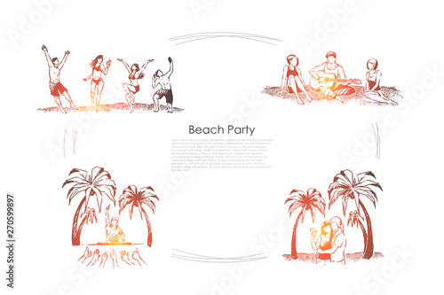 Men and women, dancing, playing guitar, dj performance, couple on romantic vacation, beach party banner