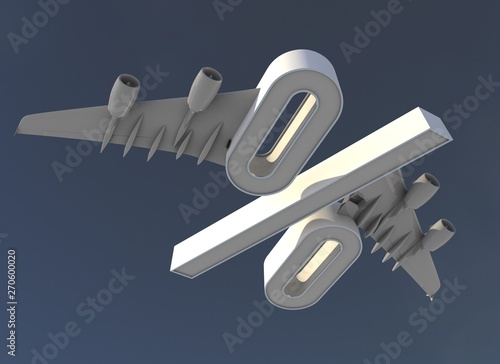 3D illustration of percentage sign with plane wings