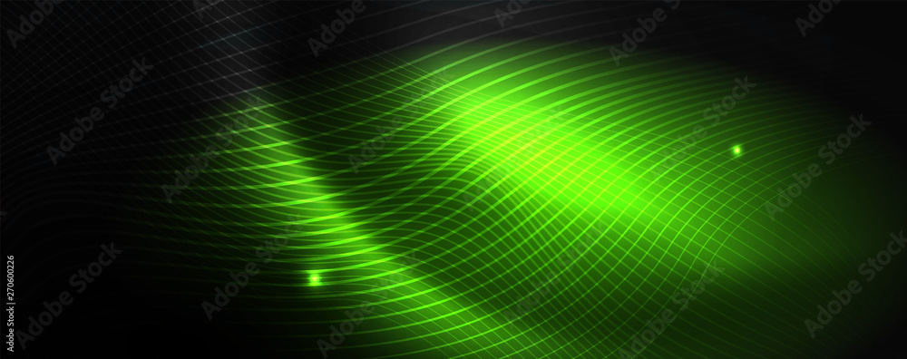 Smoky glowing waves in the dark. Dark abstract background with neon color light and wavy lines. Vector Smoky glowing waves in the dark. Dark abstract background with neon color light and wavy lines. Vector