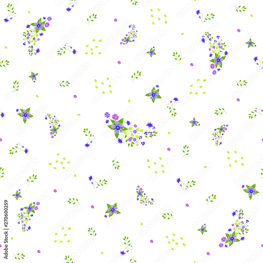 Seamless pattern with small flowers and leaves, endless floral print for fabric, Wallpaper, covers, surface, print, wrap, scrapbooking. Vector illustration