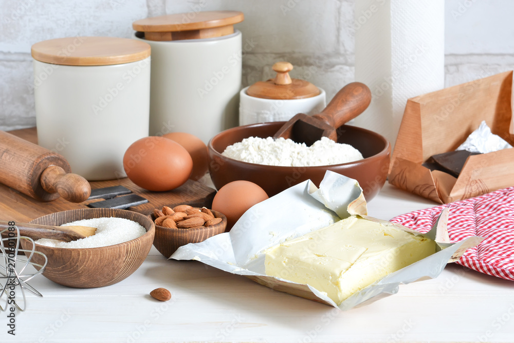 Modern kitchen. Cooking process. Baking ingredients: flour, butter, eggs, spices. Modern kitchen. Cooking process. Baking ingredients: flour, butter, eggs, spices.