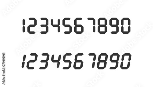 Electronic figures. Digital glowing numbers. LCD numbers for electronic devices. Regular and italic font. Vector illustration