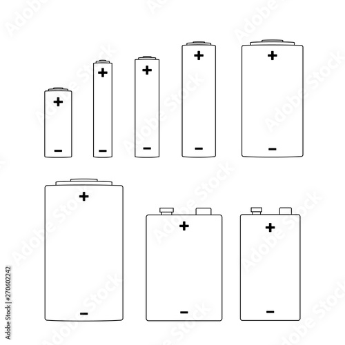 Large set of different alkaline batteries icons on white