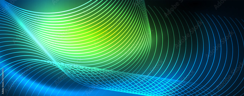 Trendy neon blue abstract design with waves and circles. Neon light glowing effect. Abstract digital background. Trendy neon blue abstract design with waves and circles. Neon light glowing effect. Abstract digital background.