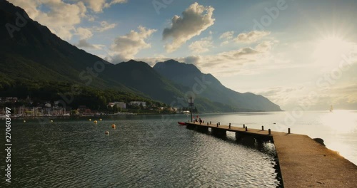 Sunset at Port Valais town with Swiss Alps near Montreux, Switzerland, Europe.